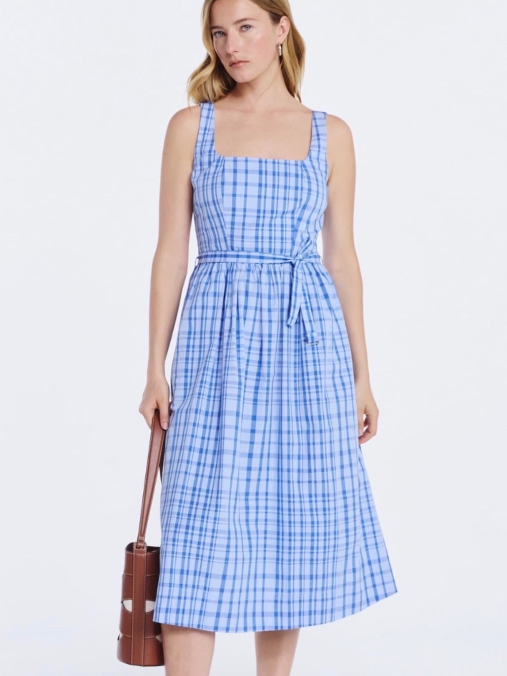 NWT Free Assembly Blue Checked Sleeveless Belted Cotton Midi Dress